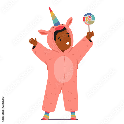 Black Child Joyfully Wears A Unicorn-themed Kigurumi Pajama, Radiating Innocence And Whimsy With Lollipop In Hand