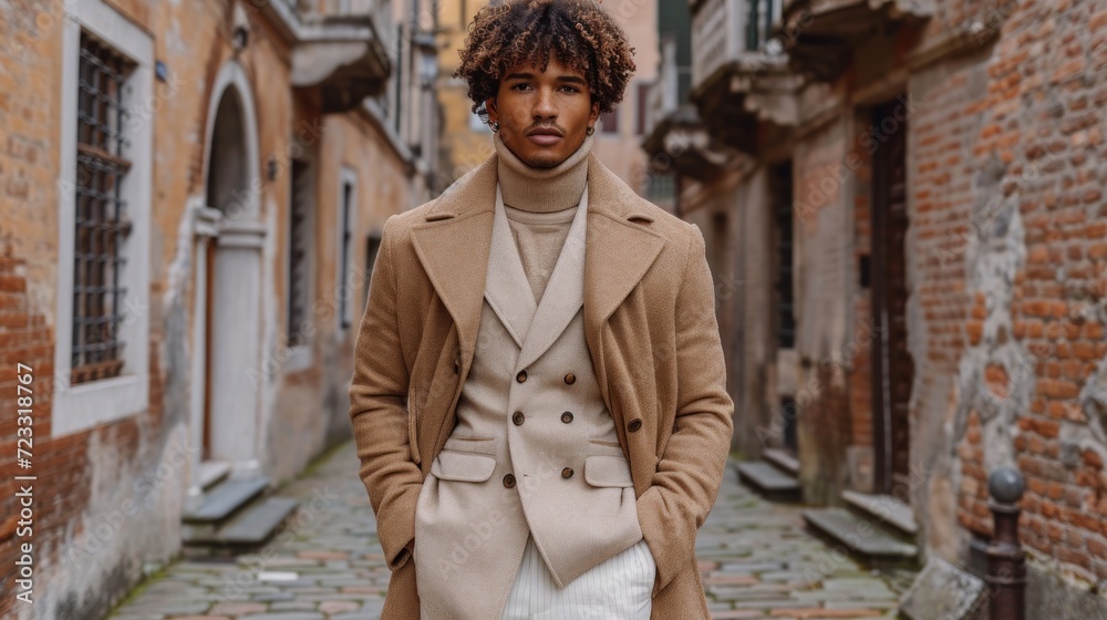 a man in a tan coat and white pants is standing in a narrow alleyway with brick buildings and cobblestones on both sides of the man is looking at the camera.