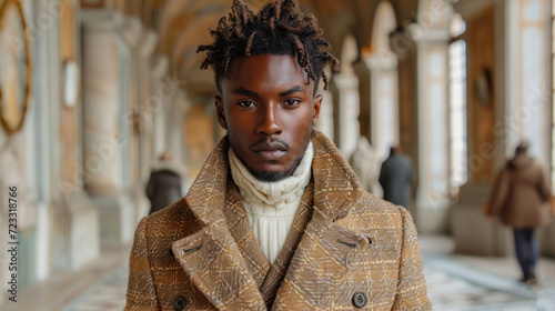  a man with dreadlocks wearing a coat and a turtle neck sweater stands in a hallway with a clock on the wall and people walking on the other side. photo