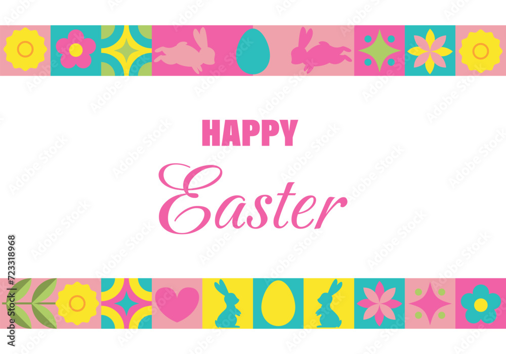 Happy Easter neo geometric banner. Modern mosaic abstract background. Horizontal poster, greeting card, header for website. Vector illustration