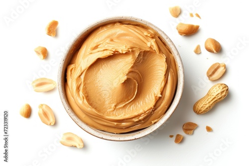 Creamy peanut butter on white background top view