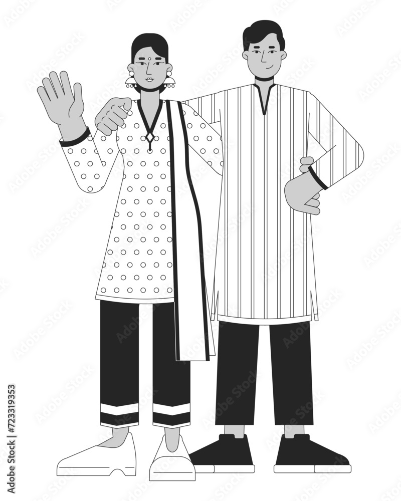 Young adult indian couple ethnic black and white 2D line cartoon characters. Diwali south asians isolated vector outline people. Hindu festival of lights Deepawali monochromatic flat spot illustration