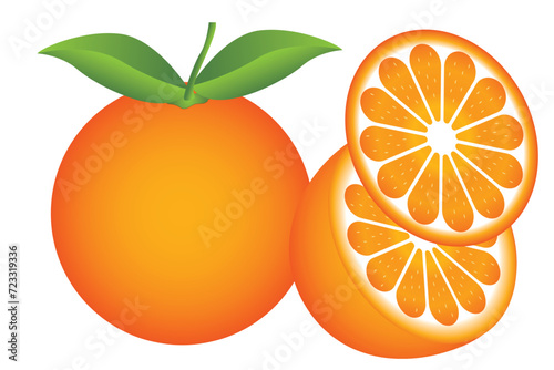 Orange vector, flat slice icon on white background. Illustration of fresh orange, vector. Orange fruit vitamin C. Realistic orange with green leaf. Orange vector illustration.