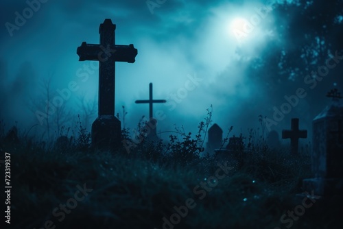Creepy graveyard scene at night on Halloween