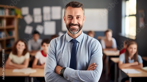 Portrait of a smiling male teacher in a classroom at elementary school looking at camera surronded by students on background. In a dynamic and positive atmosphere of the educational environment.