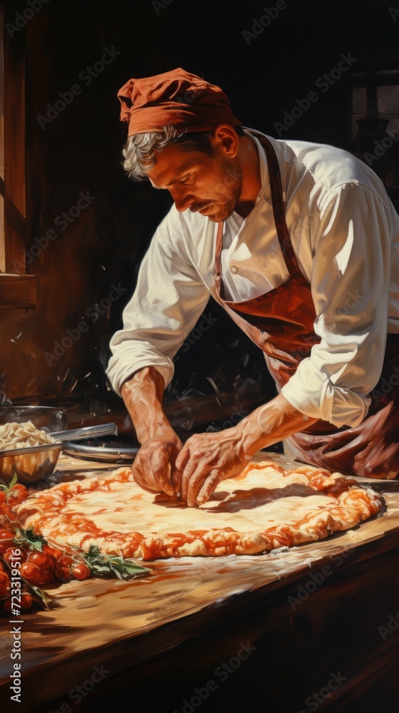 Masterful chef attentively crafts a pizza, fresh ingredients at hand in a rustic kitchen