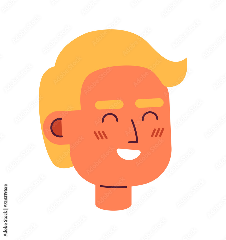 Laughing blond hair caucasian man 2D vector avatar illustration. Closed eyes giggling guy cartoon character face portrait. Overjoyed male flat color user profile image isolated on white background