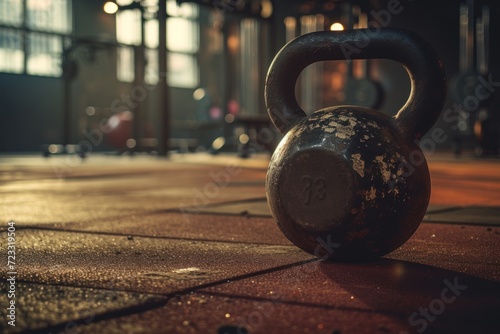 CrossFit gym backdrop with vintage filters adding to a 53 lb kettlebell s moody vibe photo