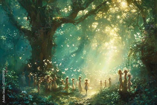 Imagine a whimsical and magical artwork depicting a group of fairies spreading love and joy in a mystical forest filled with sparkling light photo