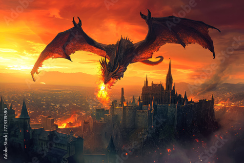 majestic dragon soaring over a medieval castle, breathing fire on the battlements photo