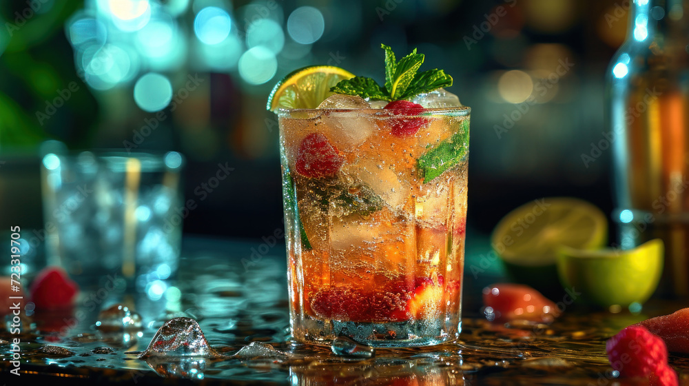 a close up of a drink in a glass with ice and strawberries on a table next to a glass of water and a lemon slice of lime and a lime. a close up of a drink in a glass with ice and strawberries on a table next to a glass of water and a lemon slice of lime and a lime.