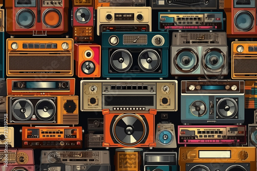 Seamless pattern with retro music audio tech electronics in pop art style