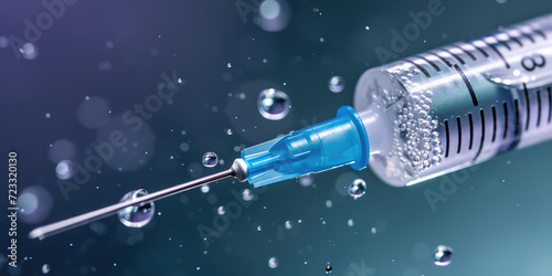 Precision Syringe Dispensing a Single Drop. Macro shot of a syringe needle with a drop of liquid at the tip against a blue background with copy space. photo