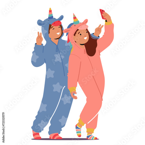 Adorable Kids Characters Don Unicorn-themed Kigurumi Pajamas, Making Selfie on Smartphone, Cartoon Vector Illustration
