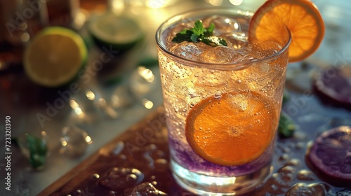  a close up of a glass of water with a slice of orange on the rim and a slice of lime on the rim of the glass with water on the rim.