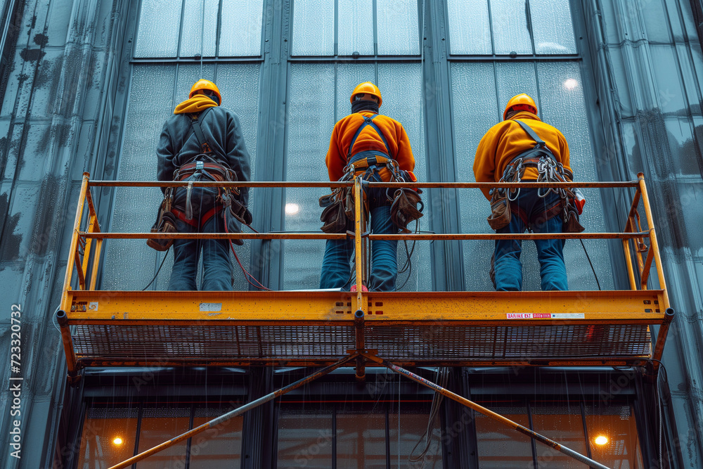 Cleaning service workers in safety harness and safety helmet cleaning glass windows of a building or skyscraper on scaffolding.