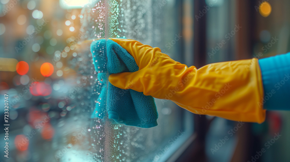 Hand with a glove and a cleaning cloth wiping drops from a window or glass. Worker or cleaner.