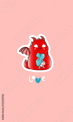 Happy Valentine's Day. Vertical pink background with red cute dragon with heart. Love. Place for text, for congratulations, advertising, discounts.