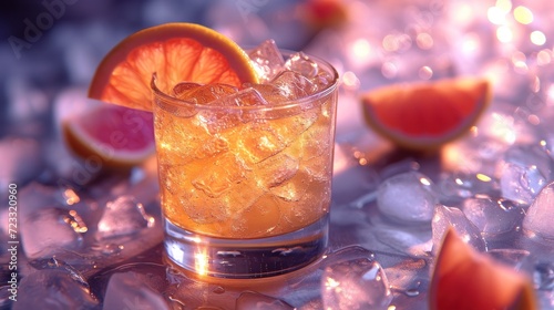  a close up of a glass of ice with a slice of grapefruit and a grapefruit on a table with ice cubes and pieces of grapefruit.