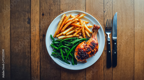 assiette vue de dessus avec un repas équilibré, poulet, frittes et haricots verts