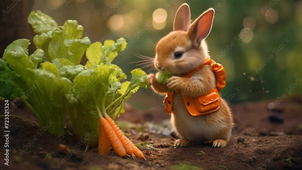 Cute bunny in a garden with carrots
