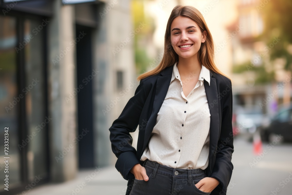 Young happy pretty smiling professional business woman, happy confident positive female entrepreneur standing outdoor on street hands in pockets, looking at camera, Young happy pretty smiling professional business woman, happy confident positive female entrepreneur standing outdoor on street hands in pockets, looking at camera,