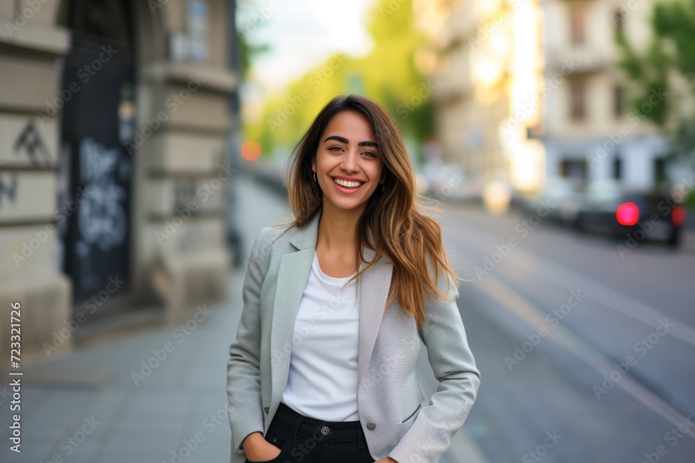 Young happy pretty smiling professional business woman, happy confident positive female entrepreneur standing outdoor on street hands in pockets, looking at camera, 