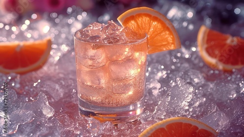  a close up of a glass with ice and an orange slice on a table with other pieces of oranges and ice cubes in the middle of the glass.
