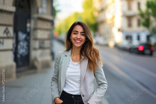 Young happy pretty smiling professional business woman, happy confident positive female entrepreneur standing outdoor on street hands in pockets, looking at camera,  © Adriana