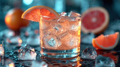  a close up of a glass of water with ice and an orange slice on a table with other pieces of oranges and ice cubes on the table top.