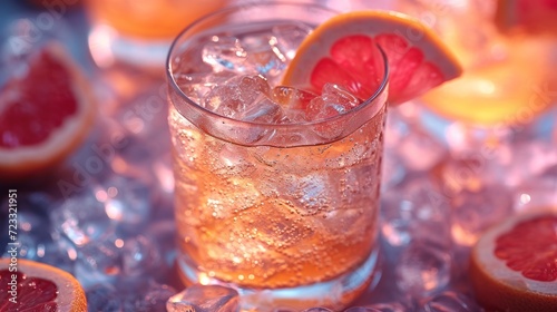  a close up of a drink in a glass with a slice of grapefruit on the rim and other grapefruits on the side of the glass.