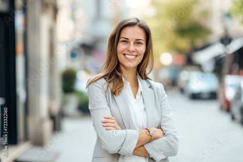 Young happy pretty smiling professional business woman, happy confident positive female entrepreneur standing outdoor on street arms crossed, looking at camera, 