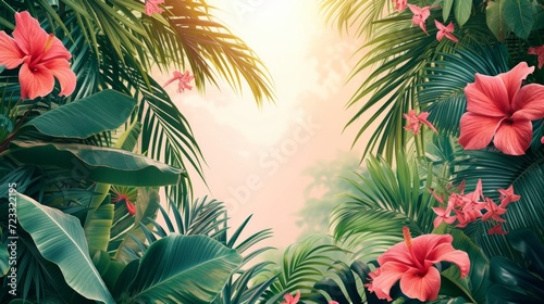 Beautiful background for advertising with tropical leaves, palm trees
