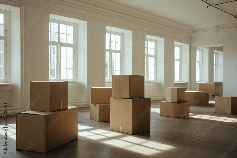 Empty room with cardboard boxes concept of movement No individuals Empty room with cardboard boxes concept of movement No individuals