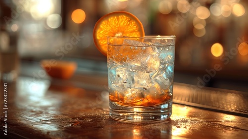  a close up of a glass of ice and an orange slice on the edge of a table with a blurry background of oranges and boke lights in the background.