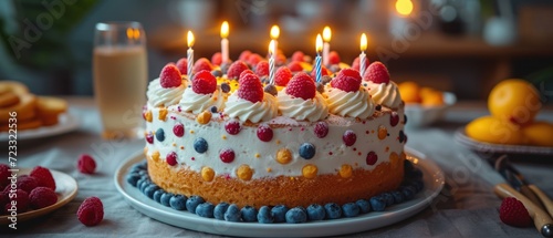  a birthday cake with white frosting and raspberries on a table with oranges  raspberries  and a glass of orange juice in the background.