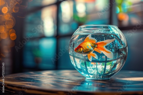 Fishbowl made of glass on the table photo
