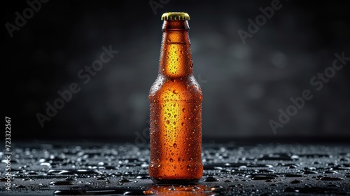  a close up of a beer bottle on a wet surface with drops of water on the floor and in the background is a dark background with only one bottle left. photo