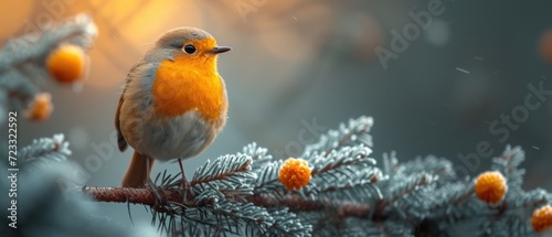  a small bird perched on a branch of a pine tree with orange berries in the foreground and a blurry background of pine cones and branches in the foreground. © Jevjenijs