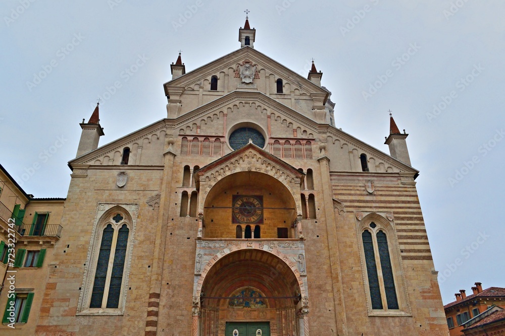 external facade of the cathedral of Santa Maria Assunta located in the historic center of Verona in Italy