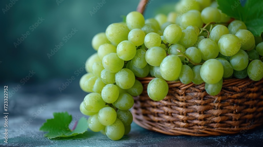 a wicker basket filled with green grapes next to a green leafy plant on a gray surface with a green leafy plant on the side of the basket. a wicker basket filled with green grapes next to a green leafy plant on a gray surface with a green leafy plant on the side of the basket.