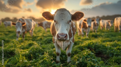  a brown and white cow standing on top of a lush green field next to a group of other brown and white cows on a lush green grass covered field at sunset.