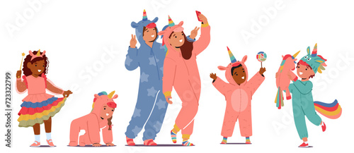 Adorable Kids Characters Don Whimsical Unicorn-themed Outfits And Kigurumi Pajamas, Cartoon People Vector Illustration