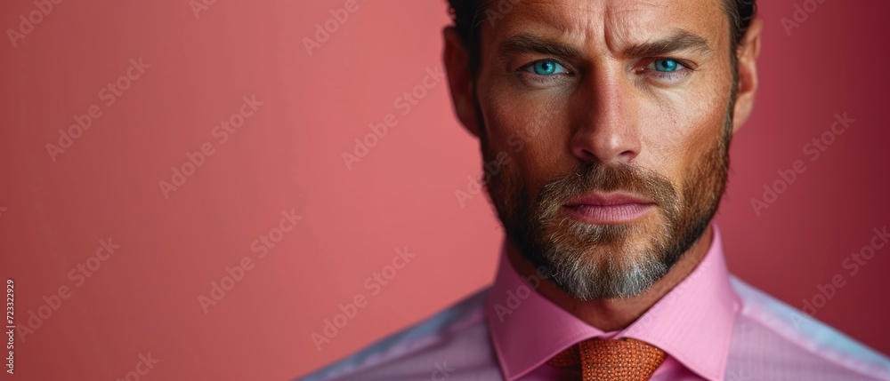  a close up of a man wearing a pink shirt and tie with a pink shirt with a pink tie and a pink shirt with a pink shirt with a blue stripe. - obrazy, fototapety, plakaty 