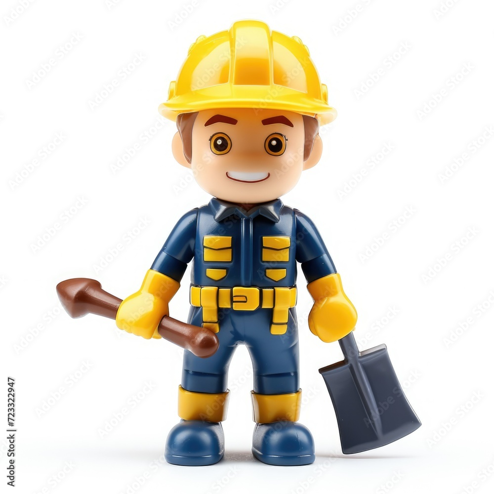 toy characters worker in uniform with shovel isolated on white background. road worker, builder, contractor, orange uniform, toy characters worker in uniform with shovel isolated on white background. road worker, builder, contractor, orange uniform,