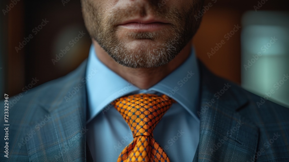 a close up of a person wearing a suit and a tie with a blue shirt and a blue blazer and a blue tie with a yellow checkered pattern. a close up of a person wearing a suit and a tie with a blue shirt and a blue blazer and a blue tie with a yellow checkered pattern.