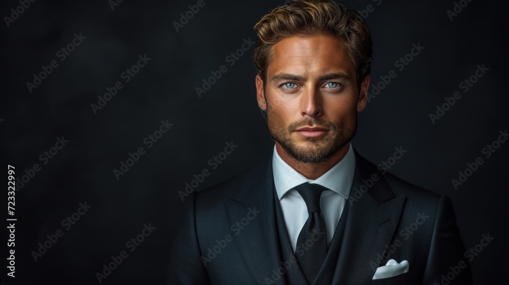  a man wearing a black suit and a white shirt with a white flower in his lapel and a black suit with a black tie and white flower in his lapel. - obrazy, fototapety, plakaty 