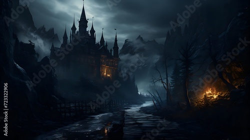 Halloween holiday concept. Spooky old gothic castle, foggy night, haunted mansion.