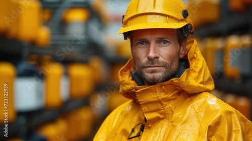  a man wearing a yellow rain coat and a yellow hard hat standing in front of a rack of yellow water - resistant equipment and looking at the camera with a serious look on his face.