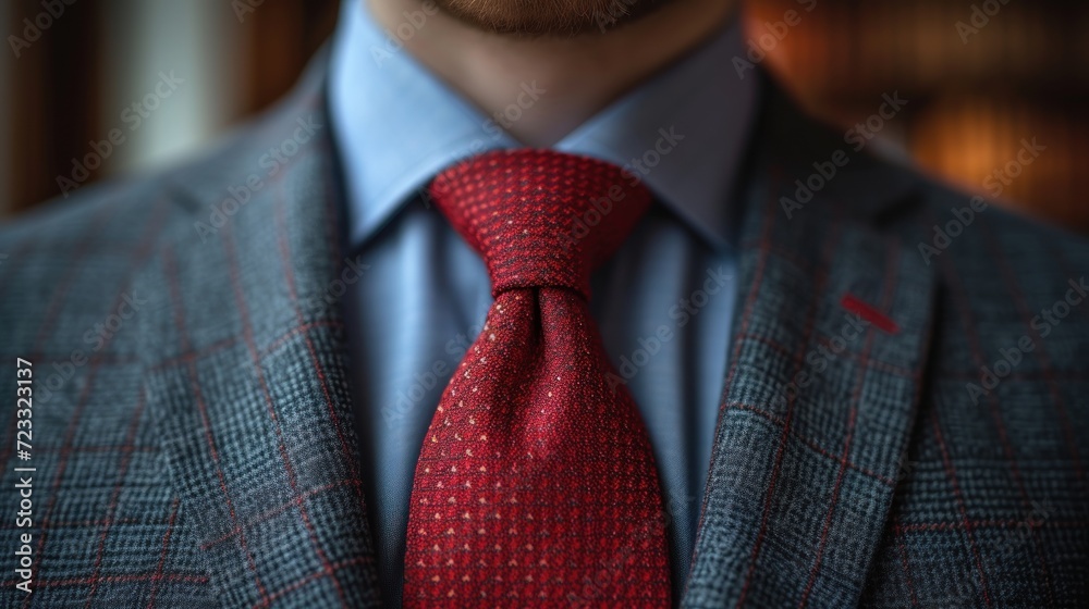  a close up of a person wearing a suit with a red tie and a blue shirt with a red checkered blazer and a blue shirt with a red tie. - obrazy, fototapety, plakaty 